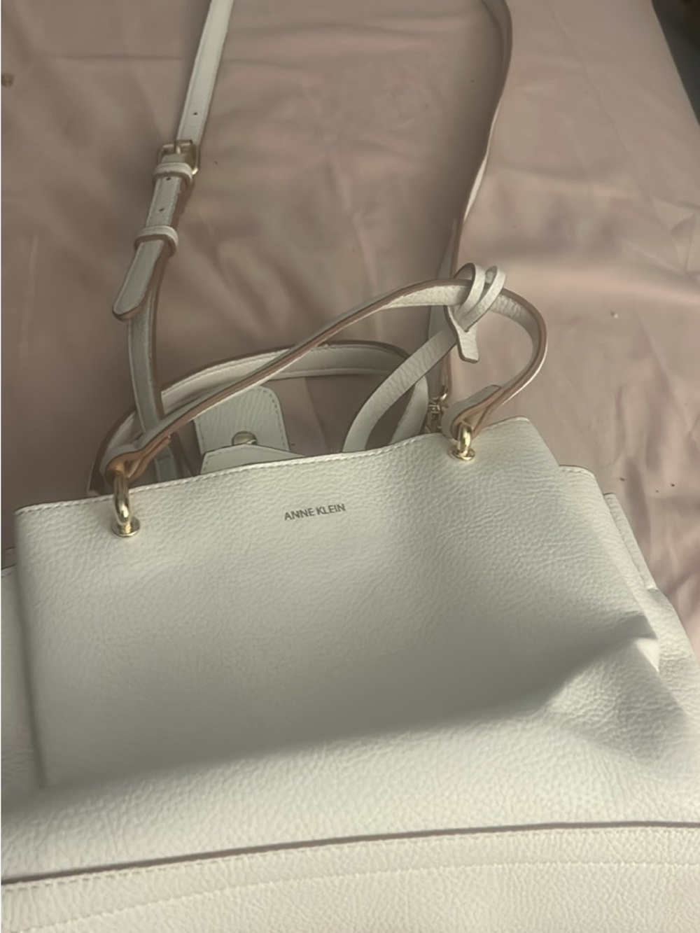 Anne Klein White Pebble Leather Shoulder Bag with Gold Hardware